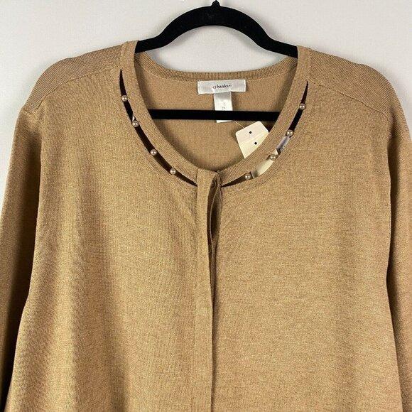 CJ Banks Cardigan Sweater Size 2X Tan Pearl Neckline Detail Button Up - Picture 2 of 11